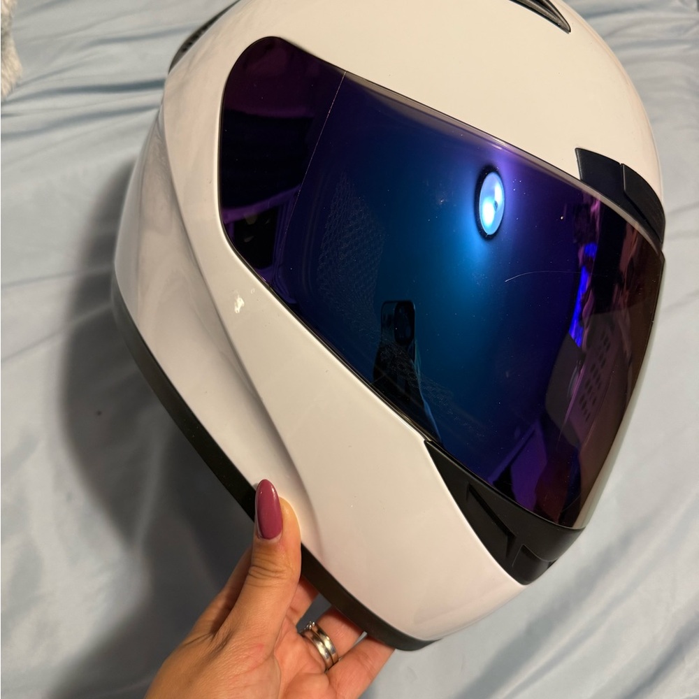 White VR Headset with Blue Visor